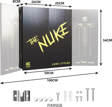 Професійний набір для дартсу Target Darts Luke Littler Kabinett & Dartboard Set 'The Nuke' з шафкою, двома наборами стілдарців та аксесуарами, ідеально підходить для гравців, включає пунктетаблиці, оригінальна гравецька версія