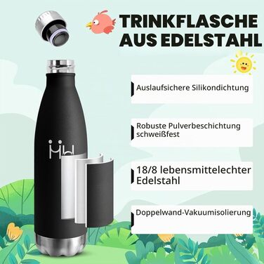 Термопляшка HoneyHolly з нержавіючої сталі 500 мл, чорна — герметична спортивна пляшка для води та напоїв, без BPA, для фітнесу, залу та велосипеда