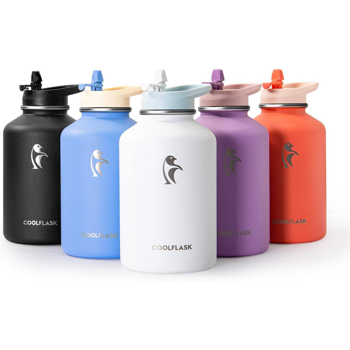 Термобутилка Coolflask 2 л з нержавіючої сталі з PU-чохлом, ізольована пляшка для води з кришкою-трубочкою, зберігає холод 48 годин, тепло 24 години, Glacier White
