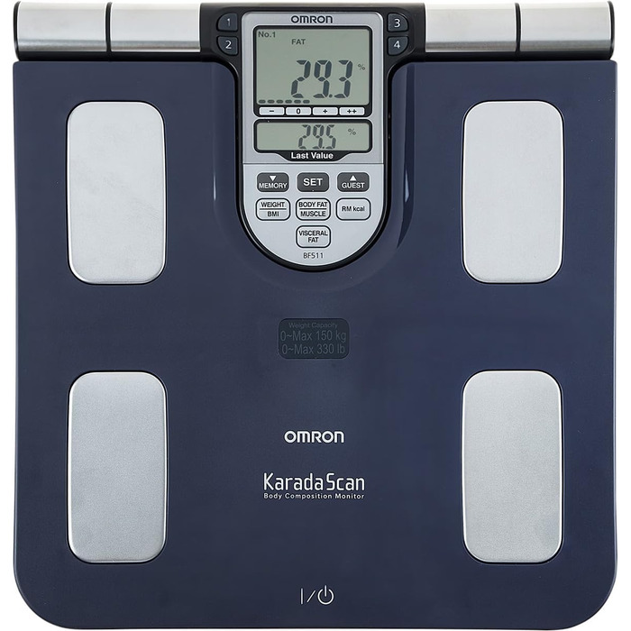Ваги OMRON BF511: аналізатор складу тіла з визначенням жиру та м'язової маси. 8 сенсорів, вимірювання від руки до стопи, до 150 кг, для дорослих та дітей від 6 років. Колір: блакитний, 1 шт.