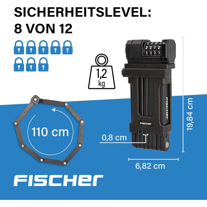 Замок велосипедний складний Fischer PROTEC FN110, 110 см, 2 ключі