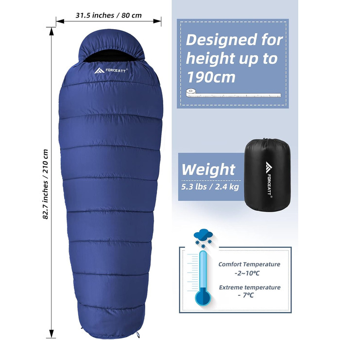 Спальник Forceatt Winter -7℃ до 20℃ (2.4 кг, 210x80 см) Мумія, легкий 4 сезони, водонепроникний, для кемпінгу, туризму, блакитний