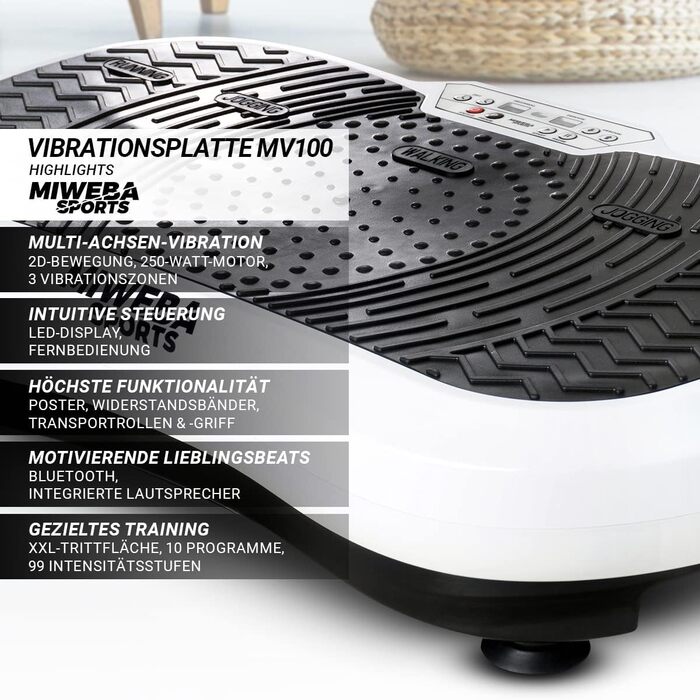Платформа для фітнесу Miweba Sports MV100 2D, 250 Вт, 3D вібрація, осциляційна, для схуднення, домашній тренажер, чорна, 3 роки гарантії
