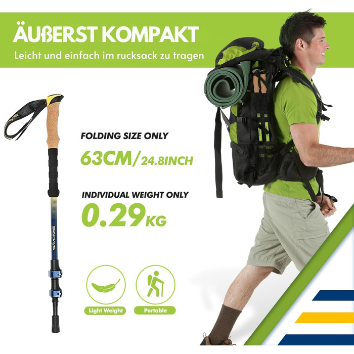 Трекінгові телескопічні палиці Nordic Walking для жінок і чоловіків, алюмінієві, 63-135 см, з корковою ручкою і гумовим наконечником