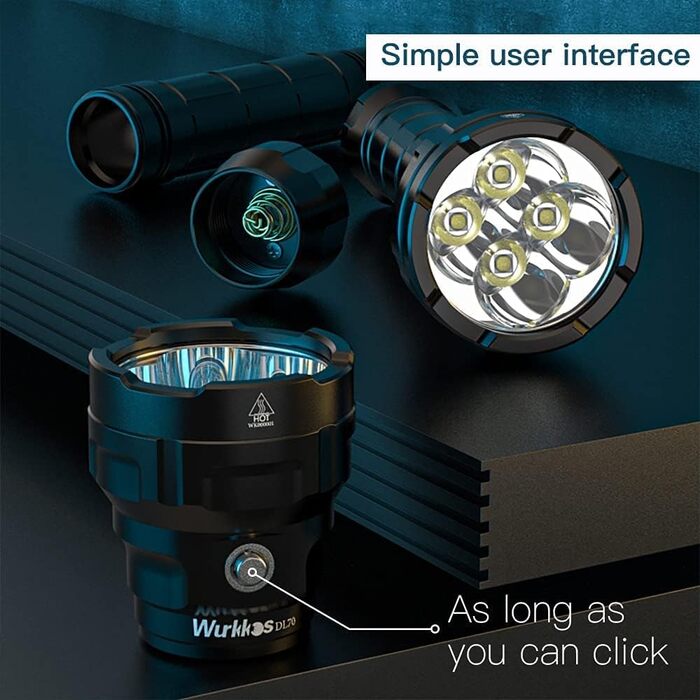 Ліхтар під водою Wurkkos DL70, 13000 люмен, 4 x XHP50.2 LED, акумулятор 2 x 5000 mAh, з зарядним пристроєм