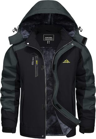 Зимова куртка KEFITEVD для чоловіків: водонепроникна, тепла, з відстібаною капюшоном, флісова куртка Softshell, чорно-сірий (S)