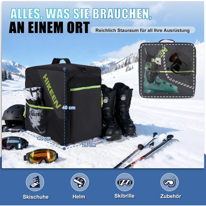Чохол для лижних черевиків Hikeen з відділенням для шолома: містка сумка для лижних черевиків та шолома з вентиляцією, зручною конструкцією та EVA-вкладкою, з плечовими ременями, об'єм 40L