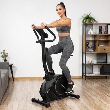 Гімнастичний тренажер Gymtek XB1500 з магнітним опором, велотренажер для дому до 135 кг, 8 рівнів опору, 9 кг маховик, LCD дисплей, чорний та золотий