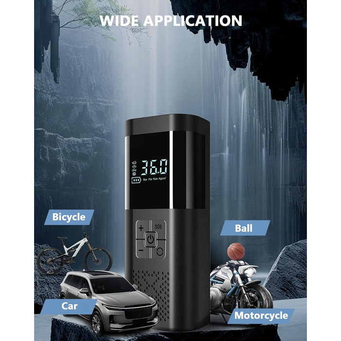 SERVOMASTER Електрична повітряна помпа з манометром, портативний міні-компресор, акумулятор 150PSI, LED-підсвічування, для авто, мотоцикла, велосипеда, м'ячів (чорний, сірий, бездротовий)