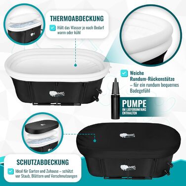 Зручна складана ванна для дорослих 147x74x60 см – комплект з аксесуарами для теплої та холодної ванни, портативна, для дому та відпочинку на природі, чорно-біла, MelodieGesund