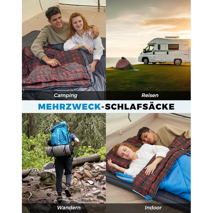 Спальний мішок KingCamp для 2 осіб з фланелі, зимовий, теплий, 3-4 сезони, з 2 подушками, для кемпінгу та відпочинку на природі (синьо-блакитний)