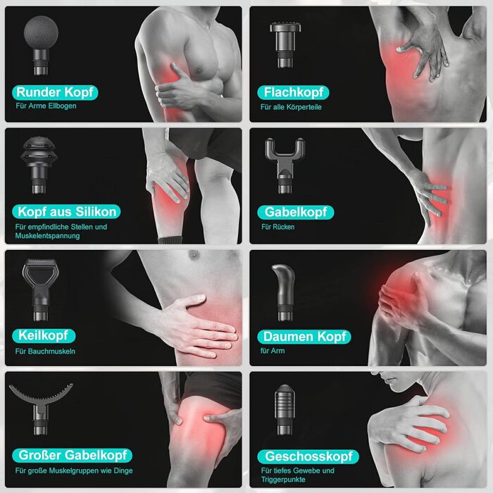 Масажер BURNNOVE для тіла та спини з LED-дисплеєм, 99 режимів, 8 насадок, акумулятор 2550mAh, чорний