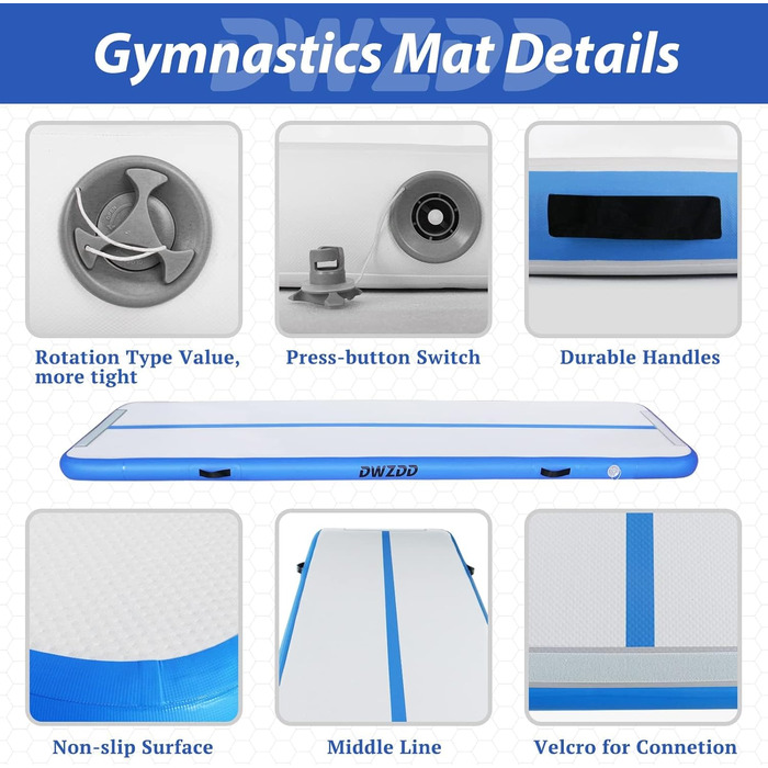 Гімнастичний надувний мат Dwzdd Air Matte Track, 3 м/4 м/5 м/6 м. Дитяча гімнастична мата для дому, фітнес-залу, тренувань, чеерлідингу. Біло-блакитна, 300x100x10 см