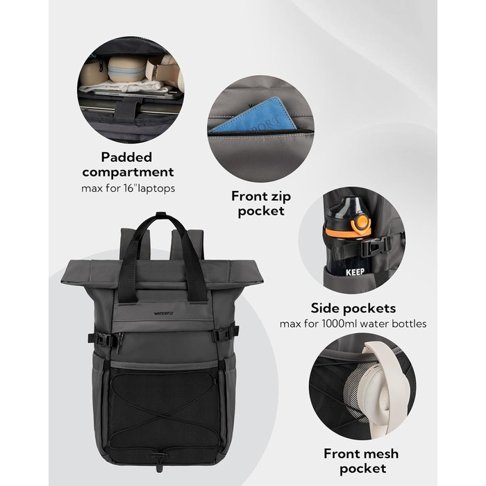 WATERFLY Ролтоп-рюкзак 16-21 л для ноутбука 16'' — стильний міський рюкзак для чоловіків і жінок, водостійкий, для навчання, роботи, подорожей, спорту