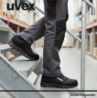 Робоче взуття Uvex 1 Dynam-x S1 PL - легке, дихаюче, металозахисту немає, ESD, антиковзаюче, чорно-червоне, розмір 40 EU, для чоловіків та жінок, веганський, ширина 11