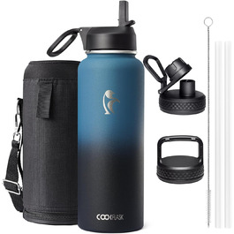 Термос-пляшка Coolflask 1180 мл з трубочкою та 3 кришками, ізольована металева пляшка для води, спорт або офіс, подвійна вакуумна ізоляція, легко миється, індиго-чорна