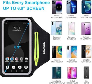 Спортивний браслет на руку для бігу з відділенням для телефону та ключей, чорний. Сумісний з iPhone 17/16/15/14/13/12/11 Pro Max/Plus та іншими смартфонами до 6.9 дюймів