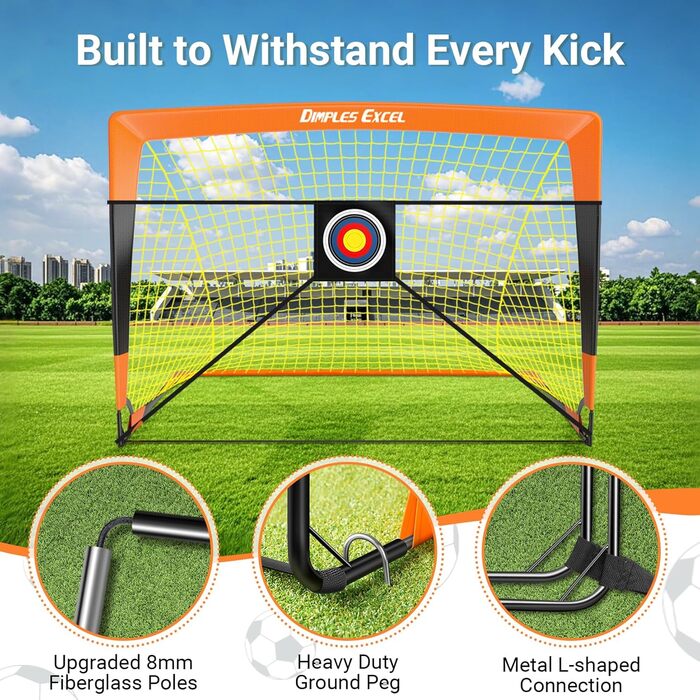 Ворота для футболу Dimples Excel Pop-Up - розкладні для дітей | 1 або 2 шт. в розмірах 120x90 / 152x110 / 213x152 см | 3 кольори на вибір | З м'ячем, насосом, конусами та мішенню (опціонально) | Для саду та подарунка