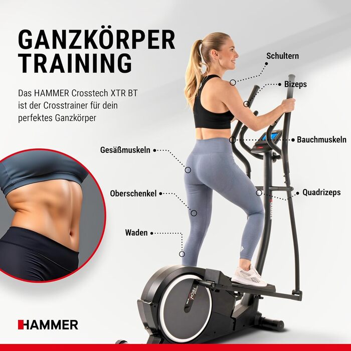 Еліптичний тренажер HAMMER Crosstech XTR BT з Glute Shaper та світлоіндикатором навантаження, 21 програма