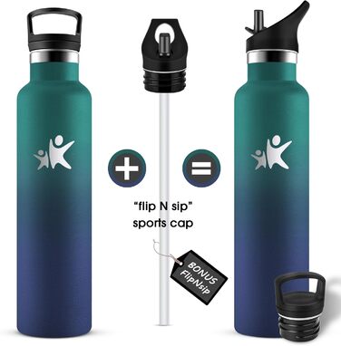 Фляга KollyKolla 750 мл з нержавіючої сталі, термос-фляга з трубочкою, без BPA, для газованої води, вакуумна, для дорослих, універсальна, спортивна, для офісу, спортзалу, велосипеда, кемпінгу, темно-синій (1000 мл, темно-зелений + темно-синій)