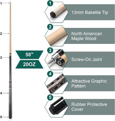 Більярдний кий Pool Queue 58 дюймів, тверде дерево, наконечник 13 мм, для професійних гравців, 1/2 кий, коричневий