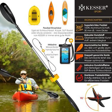 Весло KESSER® з подвійним лезом (4 частини) для каяка, SUP, станд-ап паділбордингу. Алюмінієве весло 228 см, ідеально для човна, веслування. В комплекті: страховий шнур, чохол для телефону, чорний човен.