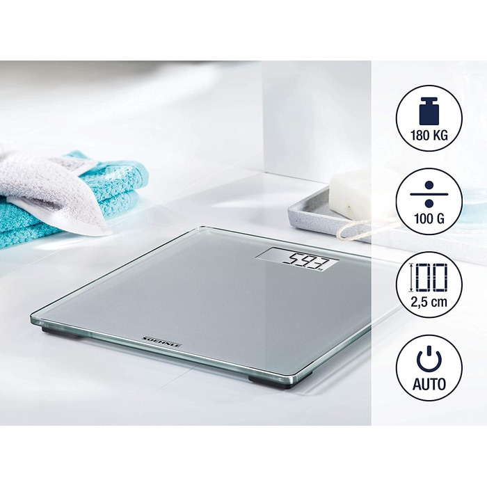 Цифрова вага Soehnle Style Sense Compact 300 для зважування людей, з великою платформою, зрозумілим LCD-дисплеєм, ультратонкий дизайн, безпечне скло, сіра