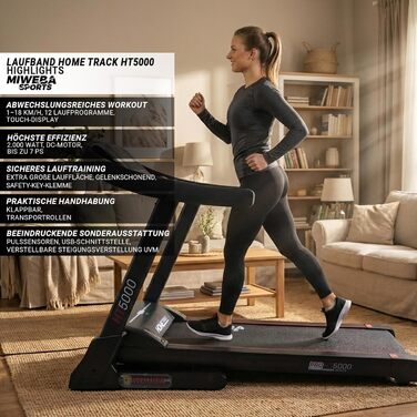 Електричний біговий тренажер Miweba Sports HT5000 | 7 PS, 18 км/год, нахил до 15%, вантажопідйомність 150 кг, з додатком, складаний, велика площа для бігу, 12 програм, для дому, чорний