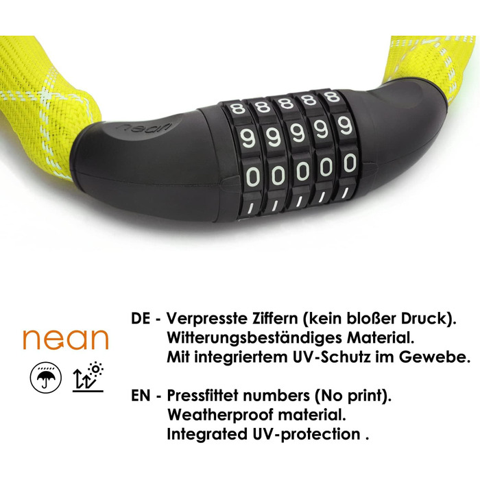 Замки для велосипеда Nean: надійний захист з цифровим кодом та міцною обмоткою, 6x6x900 мм (жовтий)