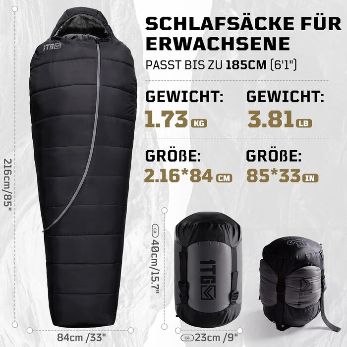 Тактичний спальний мішок 4 сезони 1TG Ranger Green (Black) для кемпінгу, трекінгу та подорожей (до 185 см)