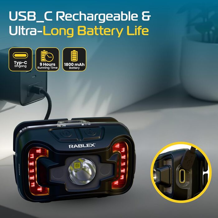 LED-ліхтар на голову RB655, 300 люмен, 7 режимів, акумулятор, USB-зарядка, червоне світло, сенсор, IPX4, водонепроникний, для кемпінгу та піших прогулянок