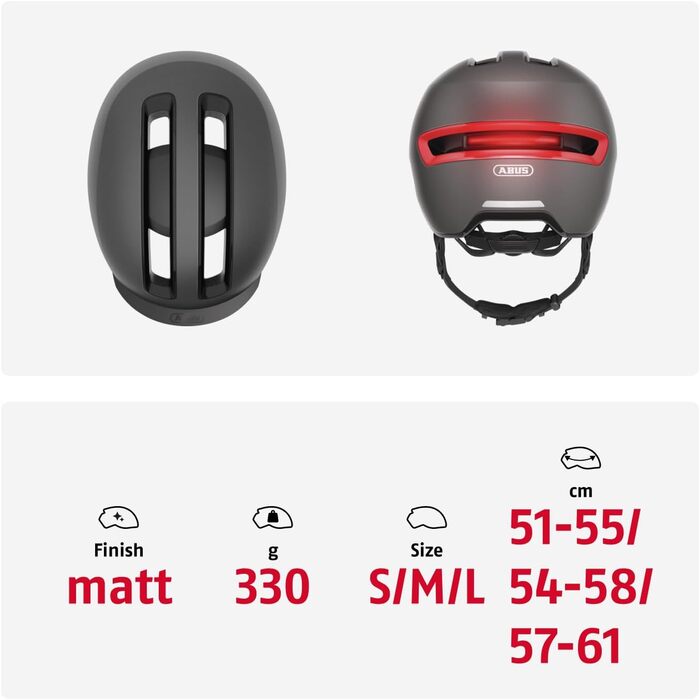 Велошолом ABUS HUD-Y Urban з магнітним LED-ліхтарем, магнітна застібка, для міста, для жінок і чоловіків, розмір L (57-61 см), титан/червоний
