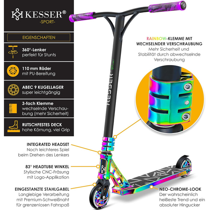 Трюковий самокат KESSER GT-Limit, 360° кермо, ABEC 9, 110 мм PU колеса, для дітей та дорослих