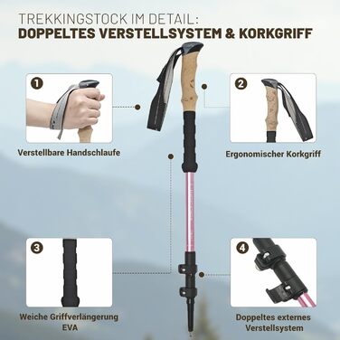 Жінські та чоловічі палиці для скандинавської ходьби 2 шт. Телескопічні, складні палиці для трекінгу з алюмінію з гумовими амортизаторами (Рожеві)