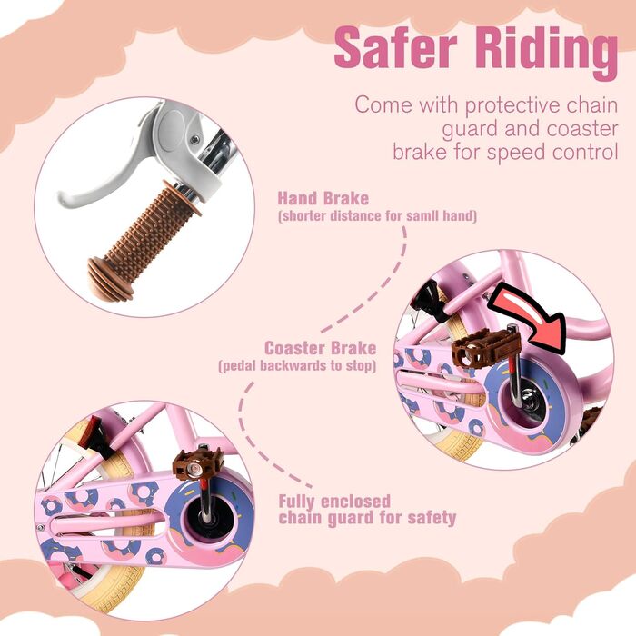 Дитяче велосипед RULLY для дівчаток 12 дюймів з додатковими колесами, кошиком та сидінням для ляльки, регульоване сидіння, 2-7 років, рожевий/фіолетовий/блакитний