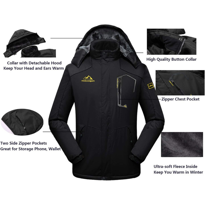 Чоловіча зимова куртка EKENTSON, водонепроникна, вітронепроникна, з підкладкою, для хайкінгу та активного відпочинку, з 4 кишенями (3XL, Чорний)