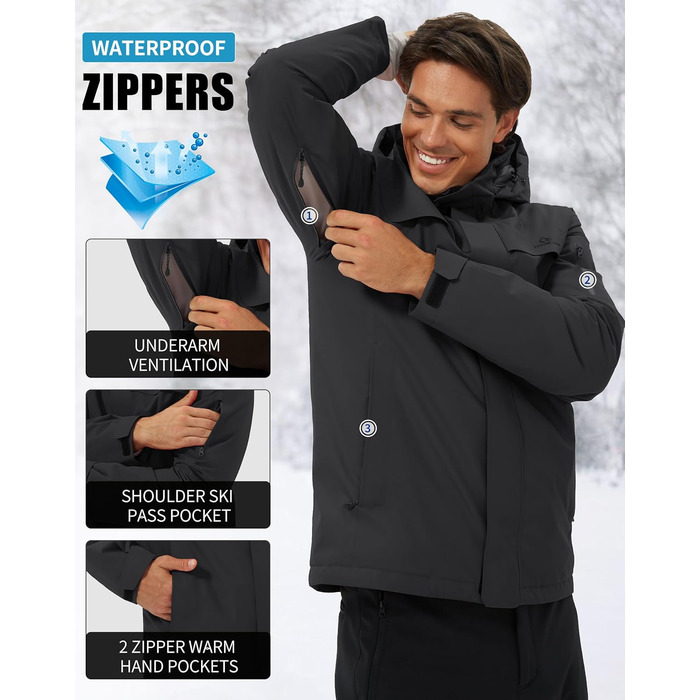 Чоловіча водонепроникна тепла дихаюча куртка для сноуборду та гірськолижного спорту, зимова куртка з капюшоном, Outdoor, сіра, розмір L