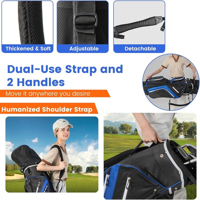 Сумка для гольфу LIFEZEAL Stand Bag з 14 відділеннями, з ременем, тримачем для напоїв, 9 кишень, холодильником, тримачем для парасольки, для чоловіків та жінок, блакитна