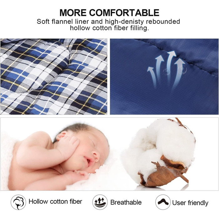 Спальний мішок Redcamp XL з бавовни, теплий, зі знімною капюшоном, фланелевий, компактний, 3-4 сезони, для дорослих та дітей, для кемпінгу, риболовлі, зимовий, блакитний, 2lbs наповнювач