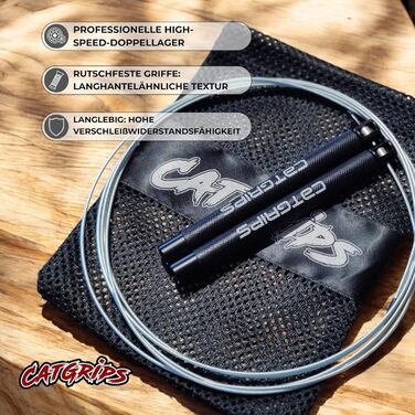 Стрибкове канат Crossfit CATGRIPS Springseil – Алюмінієва ручка, регульоване сталеве канат з підшипниками, легке професійне сеанс для залу та боксу, з сумкою та запасними частинами (Чорний)
