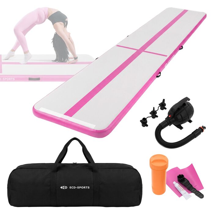 Гімнастичний мат Airtrack ECD Germany для тумблінгу та фітнесу, надувний повітряний тренажер (500 x 100 x 10 см), рожевий, з електричним насосом та сумкою