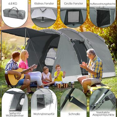 Намет для кемпінгу на 4 особи: водонепроникний тунельний намет для сім'ї та групи, з шатром для сну, сірий