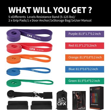 Фітнес гумки CFX: 8 шт. з дверним кріпленням, сумкою та інструкцією для фітнесу, розтяжки, йоги та силових тренувань