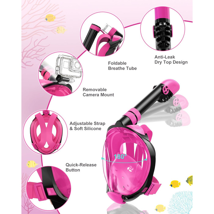 Набір для снорклінгу для дітей та дорослих, повна обличчя маска для снорклінгу та регульовані ласти, панорамна маска для снорклінгу з системою сухого типу Рожева