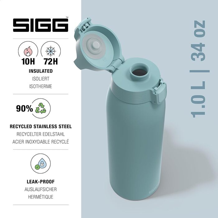 Термос SIGG Shield One Morning Blue, 1 л, для газованих напоїв, герметичний, ізольований, з нержавіючої сталі, 90% перероблений метал, синьо-сірий, без BPA, підходить для посудомийної машини