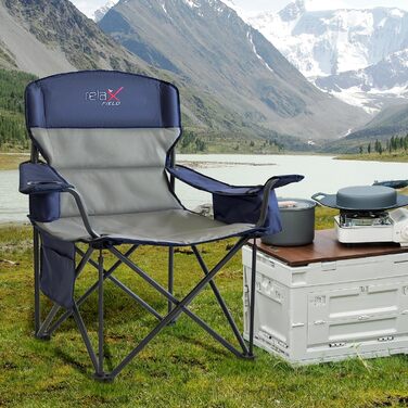 Крісло для кемпінгу складне RELAX FIELD 200 кг з підстаканником та сумкою-холодильником. Рибальське крісло, складане, з високою спинкою, блакитне.