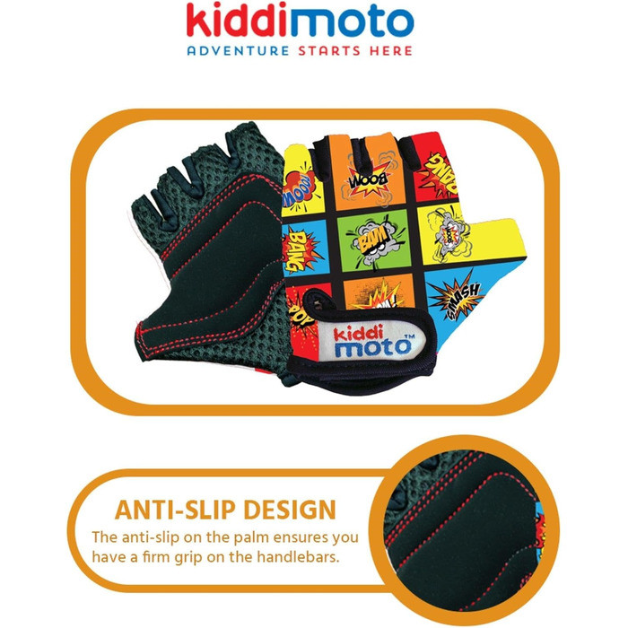 Дитячі велосипедні рукавички KIDDIMOTO без пальців для хлопчиків та дівчаток, розмір M (4-8 років), з принтом комікс