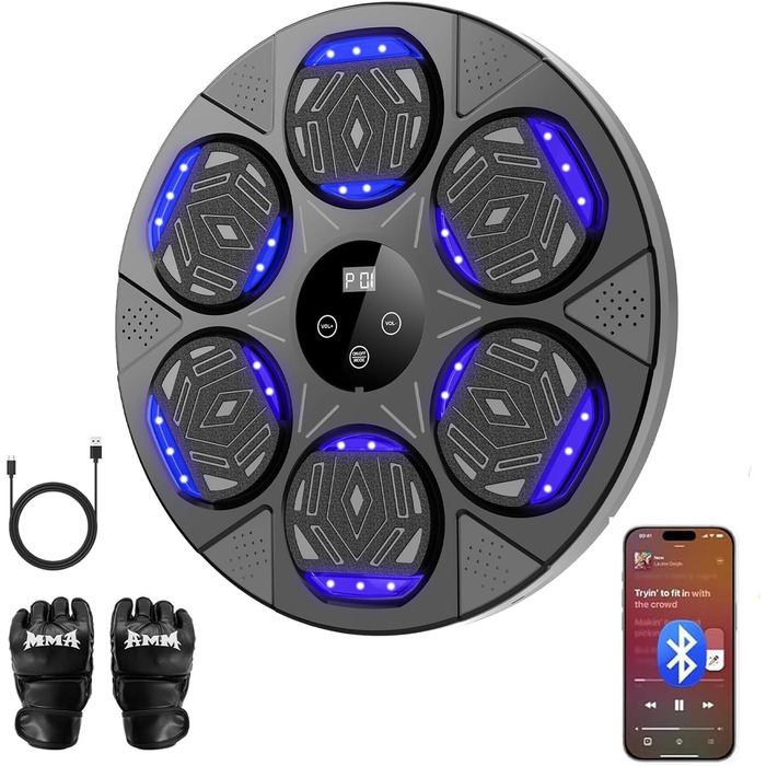 Музична боксерська машина LeuKoles з Bluetooth, LED-підсвічуванням та рукавичками. Електронна боксерська машина для кріплення на стіну з 7 режимами