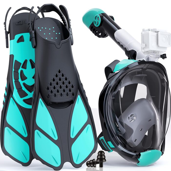 Набір для снорклінгу для дорослих: складана маска з трубкою та ластами, CO2-безпечна, проти запотівання та без витоку, з сумкою. Маска та ласти S/M, чорно-зелений колір