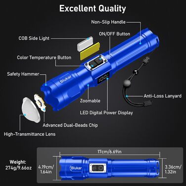 Ліхтар LED Blukar з 2 режимами температури світла, COB-підсвічуванням, регулюванням яскравості, 7 режимів, вологостійкий, для активного відпочинку